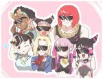  :d absurdres bababaeki00 black_hair blonde_hair cammy_white chibi chun-li eyewear_on_head han_juri highres kimberly_(street_fighter) lily_(street_fighter) manon_(street_fighter) marisa_(street_fighter) one_eye_closed pink_hair red_hair smile street_fighter street_fighter_6 sunglasses tongue tongue_out 