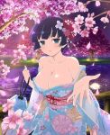  1girl :o armpit_crease bag bare_shoulders blue_eyes blue_hair blue_kimono blunt_bangs blush bowl_cut branch breasts bridge cherry_blossoms cleavage collarbone falling_petals floral_print floral_print_kimono flower full_moon grass hair_flower hair_ornament holding holding_bag holding_strap japanese_clothes kimono large_breasts looking_at_viewer moon night night_sky obi official_art open_mouth outdoors petals pink_flower reaching reaching_towards_viewer reflection reflective_water river sash senran_kagura senran_kagura_new_wave senran_kagura_shinovi_versus shiny_skin short_hair sky solo spring_(season) standing star_(sky) starry_sky tree water wide_sleeves wooden_bridge yaegashi_nan yozakura_(senran_kagura) yukata 