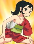  1girl black_eyes black_hair blush character_request closed_mouth collarbone hands_on_own_thighs haruyama_kazunori japanese_clothes long_hair manga_mitokoumon ponytail smile solo squatting 
