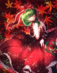  1girl arm_ribbon bow bright_pupils commentary_request dress frilled_bow frilled_dress frilled_ribbon frilled_sleeves frills green_eyes green_hair hair_bow hair_ribbon highres kagiyama_hina leaf open_mouth puffy_short_sleeves puffy_sleeves red_background red_bow red_dress red_ribbon ribbon short_sleeves smile solo touhou white_pupils yukkyon_kyon 