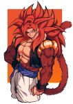  1boy absurdres biceps black_wristband blue_eyes blue_sash body_fur closed_mouth dragon_ball dragon_ball_gt gogeta highres looking_at_viewer male_focus metamoran_vest monkey_boy monkey_tail muscular muscular_male no_nipples pants pectorals red_fur red_hair relio_db318 sash simple_background smile solo spiked_hair super_saiyan super_saiyan_4 tail veins veiny_hands white_pants 
