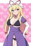  1girl adapted_costume black_bra black_panties blonde_hair blush bra breasts cleavage closed_mouth collarbone cowboy_shot dress elbow_gloves frilled_dress frills gloves hat hat_ribbon highres large_breasts long_hair looking_at_viewer mob_cap panties purple_dress purple_eyes red_ribbon revealing_clothes ribbon rizento short_sleeves solo touhou underwear white_gloves white_headwear yakumo_yukari 