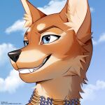  2023 absurd_res anthro black_nose blue_eyes brown_body brown_fur bruma_(rinzazen) canid canine canis cheek_tuft clenched_teeth cloud confident countershade_face countershading detailed_background digital_media_(artwork) english_text ethiopian_wolf eyebrows facial_tuft fluffy fur glistening glistening_eyes hairless headshot_portrait hi_res inner_ear_fluff jewelry looking_away male mammal multicolored_body multicolored_fur necklace open_mouth open_smile outside portrait riska_(artist) sky smile smiling_at_another solo teeth text tuft two_tone_body two_tone_fur url white_body white_fur 