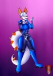  anthro blep blue_boots blue_clothing blue_eyes blue_footwear blue_suit boots breasts bulge clothing cosplay costume digital_drawing_(artwork) digital_media_(artwork) domestic_cat felid feline felis footwear fur gynomorph hand_on_bulge hi_res horn horned_tail hybrid inner_ear_fluff intersex krystal ladyfoxheart lizard logo male mammal nintendo null_bulge orange_body orange_ears orange_fur orange_tail purple_background raised_arm reptile rubber scalie simple_background small_hands smile smiling_at_viewer solo star_fox suit tail tongue tongue_out tuft white_body white_breasts white_fur white_tail 