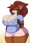  2022 anthro areola areola_slip big_breasts black_sclera blue_clothing blue_shirt blue_topwear bottomwear breasts canid canine cleavage cleavage_overflow clothed clothing curvy_figure dewwydarts female fox fur gloves_(marking) gradient_background hair hi_res hourglass_figure huge_breasts maddie_(dewwydarts) mammal markings orange_body orange_fur pink_bottomwear pink_clothing pink_shorts red_hair shirt shorts simple_background solo standing thick_thighs topwear wide_hips yellow_eyes 