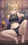  1girl :q absurdres alcohol animal_ears arm_support bar_(place) bare_shoulders barefoot black_choker black_jacket black_nails black_shorts blonde_hair blue_eyes blush borrowed_character bottle breasts choker cleavage commission crop_top cup enporion hair_between_eyes highres holding holding_cup indoors jacket licking_lips looking_at_viewer messy_hair midriff nail_polish navel off_shoulder original shelf short_shorts shorts sitting skeb_commission solo stomach toenail_polish toenails tongue tongue_out 