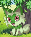  :d absurdres commentary_request day falling_leaves fangs full_body grass highres jira_(ziraiya26) leaf no_humans open_mouth outdoors pokemon pokemon_(creature) sitting smile solo sprigatito tongue tree 
