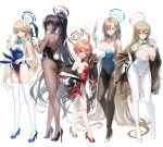  5girls absurdres ahoge akane_(blue_archive) akane_(bunny)_(blue_archive) animal_ears aqua_bow aqua_bowtie arm_tattoo armpits ass asuna_(blue_archive) asuna_(bunny)_(blue_archive) back backless_leotard bare_arms bare_back bare_legs bare_shoulders black-framed_eyewear black_footwear black_hair black_hairband black_leotard blonde_hair blue_archive blue_bow blue_bowtie blue_footwear blue_hairband blush bow bowtie braid braided_sidelock breasts brown_shawl cleavage closed_mouth collar cropped_torso dark-skinned_female dark_skin detached_collar double-parted_bangs earrings eyewear_removed fake_animal_ears fake_halo fake_tail fang fishnet_pantyhose fishnets from_behind full_body glasses gloves groin hair_intakes hairband hairband_removed halo hand_up high_heels high_ponytail highleg highleg_leotard highres holding holding_eyewear holding_hairband huge_ahoge jacket jewelry karin_(blue_archive) karin_(bunny)_(blue_archive) large_breasts legs leotard light_brown_hair light_frown long_hair looking_at_viewer looking_back medium_breasts meoyo mole mole_under_eye multicolored_hair multiple_girls neru_(blue_archive) neru_(bunny)_(blue_archive) number_tattoo official_alternate_costume open_mouth pantyhose pink_hair playboy_bunny ponytail rabbit_ears rabbit_tail red_bow red_bowtie red_eyes red_footwear red_leotard shawl shoes short_hair shoulder_tattoo side-tie_leotard sideboob sidelocks simple_background single_braid slit_pupils small_breasts smile standing straight_hair strapless strapless_leotard streaked_hair stud_earrings tachi-e tail tattoo thighhighs thighs toki_(blue_archive) toki_(bunny)_(blue_archive) traditional_bowtie tube_top v very_long_hair white_background white_collar white_footwear white_gloves white_hairband white_leotard white_pantyhose white_thighhighs white_tube_top wrist_cuffs yellow_eyes 