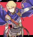  1boy armor belt black_belt blonde_hair blue_cape cape flower flower_brooch highres hoshi-toge jacket kaitou_shinshi_no_harahara!?_white_day_(project_sekai) knight long_sleeves looking_at_viewer male_focus parted_lips prince project_sekai red_flower red_sash sash shoulder_armor smile solo tenma_tsukasa upper_body white_jacket yellow_eyes 