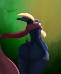  areola big_butt blue_body blue_skin breasts butt female generation_6_pokemon greninja hand_on_butt hi_res looking_at_viewer medium_breasts nintendo pink_eyes pokemon pokemon_(species) rusoide solo thick_thighs yellow_body 