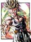  1boy arm_up belt biceps blonde_hair blue_eyes blue_jumpsuit border closed_mouth commentary_request dragon_ball dragon_ball_z energy highres jumpsuit looking_at_viewer male_focus multicolored_background muscular muscular_male outside_border outstretched_arm pectorals polka_dot polka_dot_background serious simple_background sleeveless sleeveless_jumpsuit solo spiked_hair super_saiyan super_saiyan_1 trunks_(dragon_ball) trunks_(future)_(dragon_ball) ushi_(akabec0) v-shaped_eyebrows white_border yellow_belt 