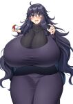  1girl @_@ absurdres ahoge black_hair black_nails blue_eyes blush breasts cowboy_shot curvy daien dress gigantic_breasts hair_between_eyes hairband hex_maniac_(pokemon) highres holding holding_poke_ball long_hair nervous open_mouth poke_ball pokemon pokemon_(game) pokemon_xy purple_dress simple_background solo sweat sweater sweater_under_dress taut_clothes taut_dress thick_thighs thighs turtleneck turtleneck_sweater very_long_hair wavy_hair wavy_mouth white_background wide_hips 