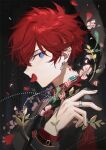  1boy aleo amagi_hiiro artist_name blue_eyes commentary_request covered_mouth dated earrings ensemble_stars! fingernails flower jewelry long_sleeves male_focus petals red_hair red_petals ring short_hair sideways_glance solo upper_body 