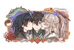  3boys bird biting black_hair blade_(honkai:_star_rail) chinese_clothes closed_mouth coin dan_heng_(honkai:_star_rail) dan_heng_(imbibitor_lunae)_(honkai:_star_rail) dragon dragon_boy dragon_horns earrings eastern_dragon emoji english_text flower framed from_side frown green_horns grey_hair grid hairband high_ponytail highres honkai:_star_rail honkai_(series) horns iiping jewelry jing_yuan kiss long_hair male_focus mole mole_under_eye multiple_boys open_mouth orb portrait profile red_flower red_hairband spider_lily star_(symbol) stud_earrings sweatdrop sword twitter_username upper_body weapon yaoi yin_yang yin_yang_orb 
