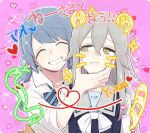  2girls :i an_sin arms_at_sides blue_bow blue_bowtie blue_hair blue_vest bow bowtie character_name closed_eyes diagonal-striped_bowtie drawn_ears drawn_tail drawn_whiskers facing_viewer grabbing_another&#039;s_chin grey_hair grin hair_between_eyes hand_on_another&#039;s_chin heart janomiya_school_uniform kasane_ao kureha_yuna long_hair long_sleeves looking_at_another loose_bowtie low_twintails magia_record:_mahou_shoujo_madoka_magica_gaiden mahou_shoujo_madoka_magica multiple_girls open_collar pink_background school_uniform shirt sleeves_past_elbows sleeves_rolled_up smile snake sparkle spiked_hair swept_bangs twintails upper_body very_long_hair vest white_bow white_bowtie white_shirt white_sleeves yellow_eyes 