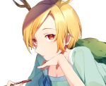  1girl antlers ari_don blonde_hair blue_shirt dragon_girl holding holding_smoking_pipe kicchou_yachie nail_polish red_eyes red_nails shirt short_hair smoking_pipe solo touhou turtle_shell 