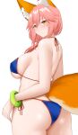  1girl absurdres animal_ear_fluff animal_ears arind_yudha ass back bare_shoulders bikini blue_bikini blush bracelet breasts fate/grand_order fate_(series) fox_ears fox_girl fox_tail highres jewelry large_breasts long_hair looking_at_viewer looking_back pink_hair sidelocks solo swimsuit tail tamamo_(fate) tamamo_no_mae_(swimsuit_lancer)_(fate) thighs yellow_eyes 