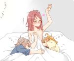  3girls ahoge bed bed_sheet blush breasts commentary_request covering fff_threesome girl_sandwich grey_hair group_sex hickey highres kashikaze long_hair love_live! love_live!_sunshine!! lying medium_breasts multiple_girls nude nude_cover on_side orange_hair pillow red_hair sakurauchi_riko sandwiched short_hair sleeping takami_chika threesome under_covers watanabe_you yellow_eyes yuri zzz 