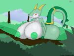 absurd_res anthro areola big_breasts breasts delphyarts female generation_5_pokemon green_body green_nipples green_skin hi_res nintendo nipples pokemon pokemon_(species) red_eyes serperior smile solo tail thick_thighs white_body white_skin 