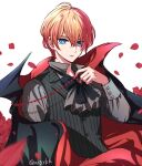  1boy asgykk black_bow black_bowtie black_cape black_shirt black_vest blonde_hair blue_eyes bow bowtie cape flower highres hoshino_aquamarine jewelry long_sleeves necklace oshi_no_ko red_cape rose shirt short_hair star-shaped_pupils star_(symbol) symbol-shaped_pupils vest 