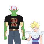  2023 baseball_cap belt blonde_hair blue_eyes clenched_hands denim dragon_ball dragon_ball_z english_commentary english_text frown hat holding_hands jeans jenxd_d looking_at_another looking_at_viewer pants parody piccolo raised_eyebrows scowl side-by-side simple_background son_gohan standing super_saiyan white_background 