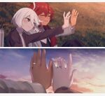  2girls ataririri closed_eyes cloud cloudy_sky commentary english_commentary grass grey_eyes gundam gundam_suisei_no_majo highres jacket jewelry light_blush long_hair miorine_rembran multiple_girls outdoors red_hair ring short_hair sitting sky smile spoilers star_(sky) suletta_mercury sunset thick_eyebrows wedding_ring wife_and_wife yuri 