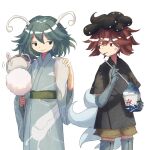  2others :q alternate_costume androgynous anger_vein animal_on_shoulder antennae azuma_kaisen black_headwear blue_eyes blue_gloves blue_hair blue_kimono blue_thighhighs blue_tongue brown_shorts closed_mouth colored_tongue commentary_request cotton_candy cup elbow_gloves food gloves green_sash grey_shirt guwara_mudafu highres holding holding_cup holding_food holding_spoon japanese_clothes kesa_kujiru kimono len&#039;en long_sleeves looking_at_another motion_lines multiple_others multiple_tails no_headwear petting red_eyes red_hair sash shaved_ice shirt short_hair short_sleeves shorts slug slug_print smirk spoon tadpole_hat tadpole_tail tail thighhighs tongue tongue_out v-shaped_eyebrows white_background wide_sleeves 