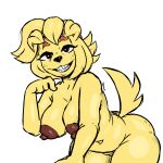  anthro areola big_breasts braces breasts brown_eyes brown_nipples canid canine canis domestic_dog female floppy_ears fluffy fluffy_tail genitals gerry_(dongitos) glistening glistening_body glistening_eyes hi_res makeup mammal mevka_(artist) navel nipples puffy_areola puffy_nipples pussy smile smiling_at_viewer solo tail 