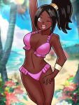  1girl alternate_costume beach bikini black_hair breasts dark-skinned_female dark_skin eyeliner eyeshadow fire_emblem fire_emblem_engage frilled_bikini frills high_ponytail highres large_breasts looking_at_viewer makeup mnejing30 one_eye_closed palm_tree pink_bikini pink_eyeliner pink_eyeshadow sidelocks star-shaped_pupils star_(symbol) summer swimsuit symbol-shaped_pupils timerra_(fire_emblem) tree 