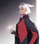  animal_ears belt black_hairband black_jacket blue_eyes caenis_(fate) cigarette dark-skinned_female dark_skin fate/grand_order fate_(series) from_side hair_intakes hairband highres holding holding_cigarette jacket necktie open_clothes open_jacket ponytail_holder red_shirt sabamori shirt suit white_hair white_nails 