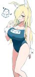  1girl alternate_costume animal_ear_fluff animal_ears arona&#039;s_sensei_doodle_(blue_archive) blonde_hair blue_archive blue_eyes blue_one-piece_swimsuit breasts clenched_teeth haseneko highres kanna_(blue_archive) large_breasts long_hair looking_at_viewer one-piece_swimsuit school_swimsuit sensei_(blue_archive) simple_background standing swimsuit teeth white_background 