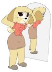  animal_crossing anthro bottomwear breasts brown_eyes canid canine canis clothing curvy_figure dog_tail domestic_dog dress_shirt dressing female footwear fur guak humanoid isabelle_(animal_crossing) loose_hair mammal mirror nintendo shaded shirt shoes simple_background simple_shading skirt smile solo topwear yellow_body yellow_fur 