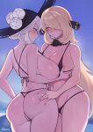  2girls absurdres areola_slip ass ass_grab bikini black_headwear blonde_hair breasts closed_mouth cogita_(pokemon) cynthia_(pokemon) flower grabbing grabbing_another&#039;s_ass grabbing_another&#039;s_breast grey_eyes groping hair_ornament hair_over_one_eye hat hat_flower highres huge_breasts long_hair mature_female micro_bikini multiple_girls norza partially_visible_vulva pearl_thong pokemon pokemon_(game) pokemon_dppt pokemon_legends:_arceus pussy pussy_juice pussy_peek revealing_clothes smile swimsuit very_long_hair yuri 