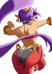  1girl arabian_clothes arms_up artist_logo ass automatic_giraffe back bandeau bracer cowboy_shot dated earrings facing_away from_behind harem_pants high_ponytail highres jewelry leg_up long_hair median_furrow pants pointy_ears purple_hair shantae shantae_(series) shoes sitting skin_tight solo strapless tan very_long_hair white_background 