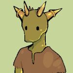  2019 anthro argonian astraldemise bethesda_softworks black_eyes brown_clothing brown_shirt brown_topwear clothing dot_eyes front_view green_background green_body green_scales horn male multi_horn scales scalie shirt simple_background solo the_elder_scrolls topwear yellow_horn 