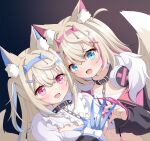  2girls animal_ear_fluff animal_ears azel_(laevateinn495) belt_collar black_collar blue_eyes blue_hair blush cleavage_cutout clothing_cutout collar cropped_jacket cropped_shirt dog_ears dog_girl dog_tail dress fake_claws fang fur-trimmed_jacket fur_trim fuwawa_abyssgard hair_ornament hairpin headphones headphones_around_neck heart heart_hands heart_hands_duo highres hololive hololive_english jacket long_hair medium_hair mococo_abyssgard multicolored_hair multiple_girls navel open_mouth pink_eyes pink_hair shirt siblings sidelocks skin_fang smile spiked_collar spikes streaked_hair tail twins two_side_up virtual_youtuber white_dress white_shirt x_hair_ornament 