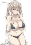  1girl alternate_costume bikini black_bikini breasts cleavage collarbone gakky graf_zeppelin_(kancolle) grey_eyes hair_between_eyes highres kantai_collection large_breasts one-hour_drawing_challenge sidelocks simple_background solo swimsuit towel twintails white_background 