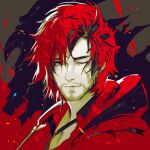  1boy beard blue_eyes clive_rosfield facial_hair final_fantasy final_fantasy_xvi hood horns ifrit_(final_fantasy) limited_palette looking_at_viewer male_focus monochrome nikusenpai one_eye_closed scar scar_on_face smile solo upper_body 