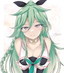  1girl artist_name black_gloves black_ribbon black_serafuku braid breasts cleavage dated elbow_gloves gakky gloves green_eyes green_hair green_neckerchief hair_between_eyes hair_flaps hair_ornament hair_ribbon hairclip highres kantai_collection large_breasts long_hair neckerchief ponytail ribbon school_uniform serafuku side_braids signature simple_background twin_braids upper_body white_background yamakaze_(kancolle) yamakaze_kai_ni_(kancolle) 