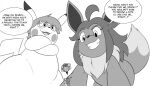  anthro black_and_white clothed clothing collar crossed_arms eevee eeveelution english_text eyewear female feral fur generation_1_pokemon glasses grin group hair looming looming_over low-angle_view macro male mane micro monochrome nintendo open_mouth pikachu pokemon pokemon_(species) size_difference smile sparky_the_chu sparky_the_chu_(character) speech_bubble take_your_pick teeth text trio worm&#039;s-eye_view 