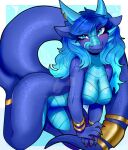  blue_body blue_eyes blue_hair blue_scales blue_tongue breasts claws hair hi_res horn scales simple_background tail tongue 