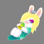  2023 anthro blonde_hair blue_eyes clothing crown dress eyeshadow female fusion hair hair_over_eye headgear lagomorph makeup mammal not_furry one_eye_obstructed plushie purple_eyeshadow rabbid rabbid_rosalina raving_rabbids rayman_(series) renv solo ubisoft unimpressed 