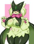  2023 3_fingers anthro areola arm_tuft bedroom_eyes big_breasts black_eyebrows black_eyelashes black_nose black_pupils blush blush_lines breasts chest_tuft claws curvy_figure digital_media_(artwork) eyebrows eyelashes fangs female fingers front_view fur generation_9_pokemon genitals green_areola green_body green_fur green_nipples hi_res huge_breasts looking_at_viewer meowscarada narrowed_eyes navel nintendo nipples nude open_mouth open_smile pawpads pink_background pink_eyes pink_pawpads pink_tongue pixi_mikuxxx pokemon pokemon_(species) pokemorph pupils pussy seductive simple_background smile solo standing teeth thick_thighs tongue tuft voluptuous white_background wide_hips 