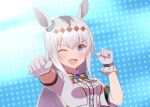  1girl ;d absurdres ahoge animal_ears bangs blue_eyes breasts center_frills clenched_hand commentary_request cropped_jacket frills gloves grey_hair hair_between_eyes hand_up highres horse_ears jacket long_hair looking_at_viewer medium_breasts oguri_cap_(umamusume) one_eye_closed open_clothes open_jacket outstretched_arm shirt short_sleeves smile solo taka_(takahirokun) umamusume upper_body v-shaped_eyebrows white_gloves white_jacket white_shirt 