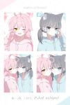  2girls ;d ahoge animal_ear_fluff animal_ears aqua_eyes aqua_hoodie blue_archive blush character_name cheek-to-cheek collarbone dog_ears extra_ears fake_animal_ears fake_whiskers grey_hair half-heart_hands halo heads_together highres hood hoodie hoshino_(blue_archive) looking_at_viewer multiple_girls one_eye_closed pink_hair pink_hoodie seno_(senohime) shiroko_(blue_archive) smile straight_hair translation_request twintails upper_body whiskers wolf_ears yellow_eyes 