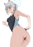  1girl absurdres animal_ear_fluff animal_ears armpits ass ass_focus blue_archive blush breasts competition_swimsuit extra_ears grey_hair halo highres looking_at_viewer medium_breasts ndrw7522 one-piece_swimsuit ponytail shiroko_(blue_archive) shiroko_(swimsuit)_(blue_archive) simple_background solo sweatdrop swimsuit swimsuit_tug white_background wolf_ears 