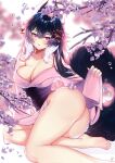  1girl animal_ear_fluff animal_ears ass bare_legs barefoot blurry blurry_background blush breasts cherry_blossoms cleavage feet_out_of_frame flower hair_between_eyes hair_flower hair_ornament highres indie_virtual_youtuber japanese_clothes kimono large_breasts long_hair looking_at_viewer multicolored_hair parted_lips petals purple_eyes purple_kimono rezo_sempai_(vtuber) rezosempai solo tail thighs tree two-tone_hair virtual_youtuber wolf_ears wolf_girl wolf_tail 