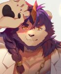  1boy aoi_(v_apii) bara braid claws covering_face cropped furry furry_male hand_up highres horns jewelry lab_coat long_hair looking_at_viewer necklace pawpads pazuzu_(housamo) pectorals single_horn tokyo_afterschool_summoners wall white_background 