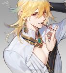  1boy blonde_hair blue_hair earrings facing_to_the_side genshin_impact hair_tie hair_tie_in_mouth hand_in_own_hair jewelry kaveh_(genshin_impact) long_sleeves looking_at_viewer male_focus medium_hair mouth_hold muli72 multicolored_hair pectoral_cleavage pectorals red_eyes shirt solo teeth tying_hair white_shirt 