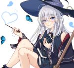  1girl absurdres bare_shoulders blue_eyes book bug butterfly elaina_(majo_no_tabitabi) feet_out_of_frame grey_hair hat hat_ribbon highres holding holding_book holding_wand jacket knees_up light_blush long_hair majo_no_tabitabi official_alternate_costume open_clothes open_jacket raised_eyebrows ribbon smile solo wand witch_hat zkzk 